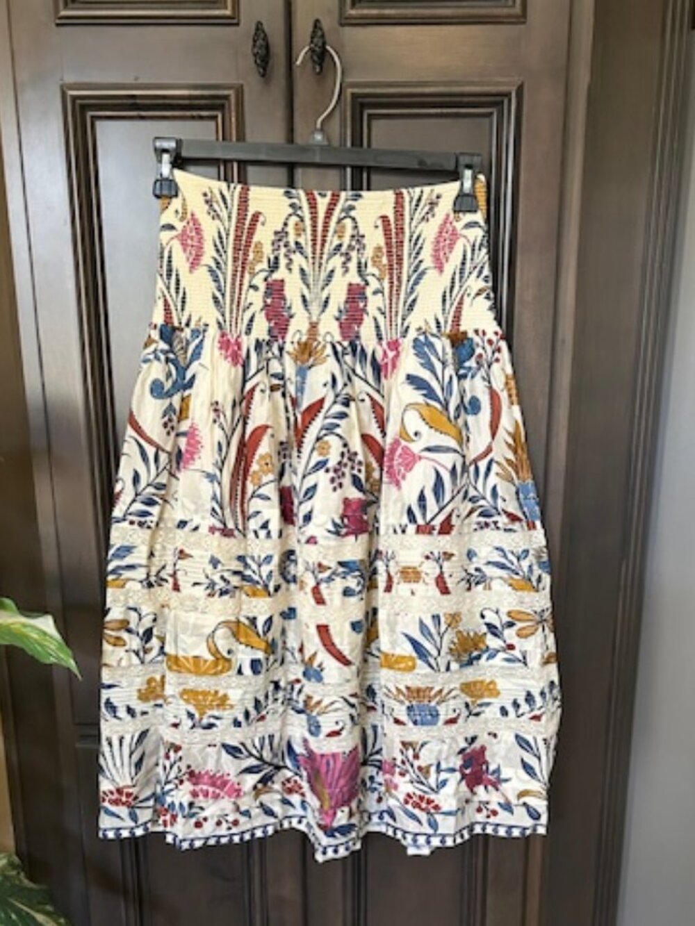 Farm Rio Romantic Lightness Cream Printed Smocked Waistband Midi Skirt